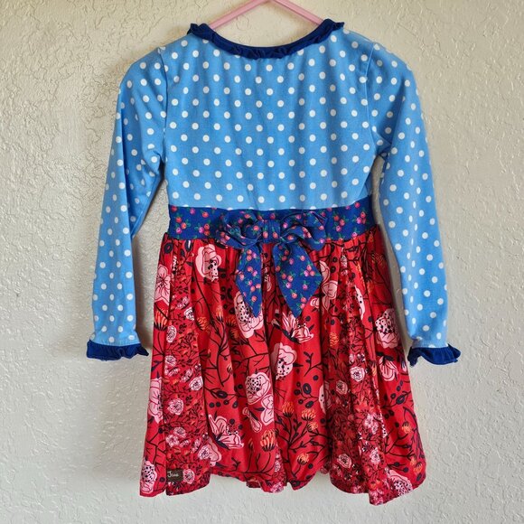 Girls Long-Sleeve Blue Polka Dot & Red Floral Dress With Back Bow - Matilda Jane - Picture 4 of 8